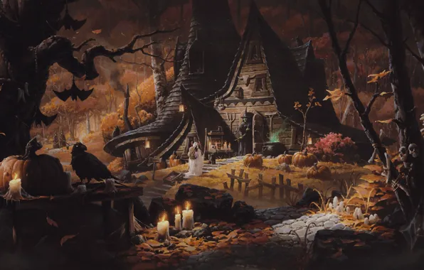 Forest, cat, night, house, pumpkin, bat, witch, Raven