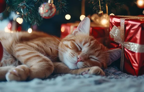 Cat, cat, balls, branches, lights, pose, the dark background, kitty