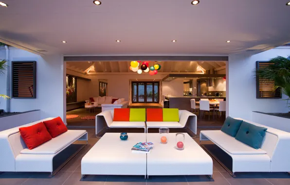 Design, style, Villa, interior, pillow, kitchen, table, sofas