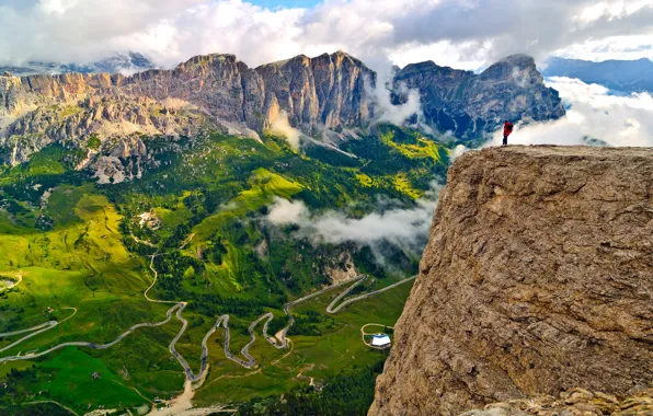 The sky, clouds, mountains, rocks, people, Alps, Italy, South Tyrol