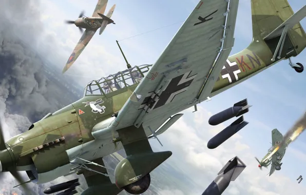 Fire, smoke, attack, bombs, thing, dogfight, Supermarine Spitfire, Latinic