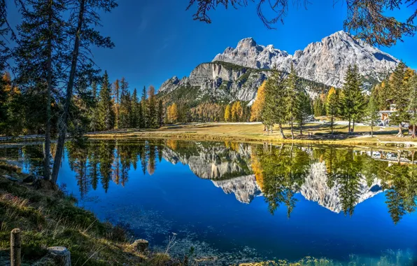 Autumn, trees, mountains, lake, reflection, Italy, Italy, The Dolomites
