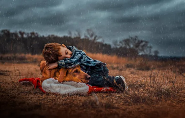 Picture rain, dog, boy, friendship, friends