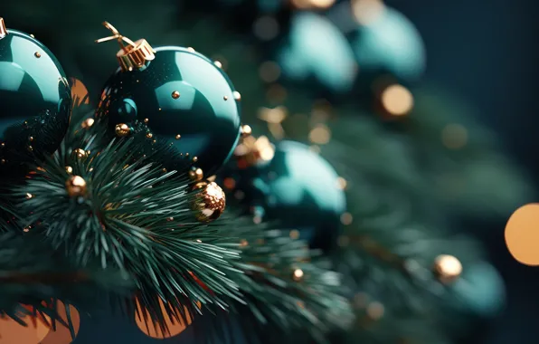 Balls, branches, lights, the dark background, balls, Shine, blur, green