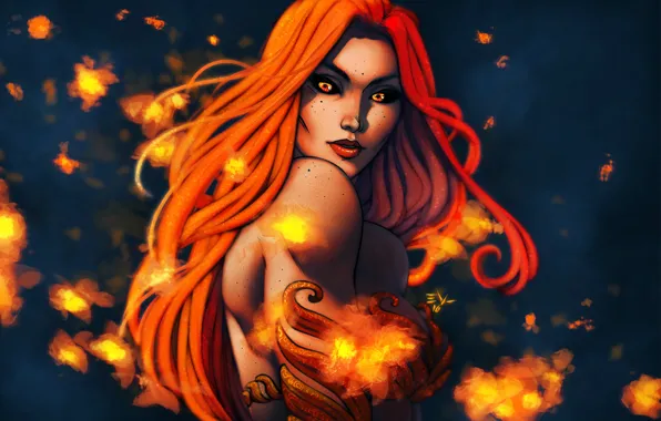 Chest, look, girl, face, fire, beauty, art, red