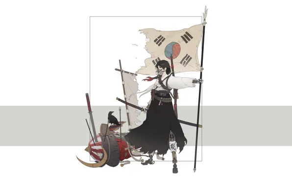 Girl, Minimalism, Style, Flag, Asian, Girl, Sword, Samurai