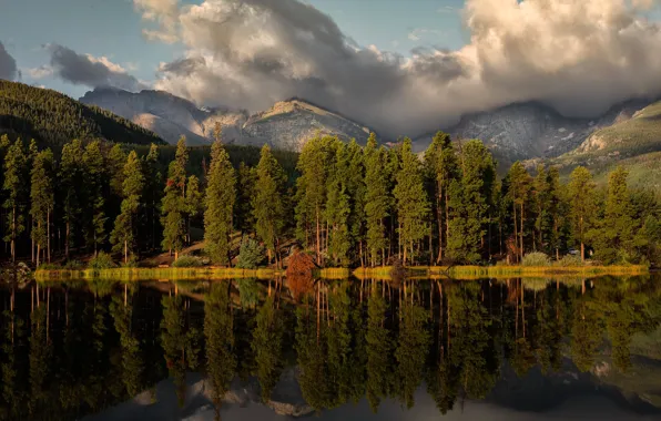 Picture forest, water, the sun, clouds, trees, mountains, lake, reflection