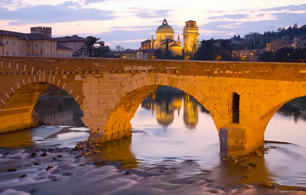 The sky, trees, sunset, bridge, river, tower, home, the evening