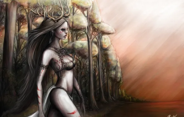 Forest, the sky, look, water, girl, trees, horns, Dryad