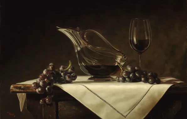 Table, wine, figure, picture, grapes, still life, reproduction, tablecloth