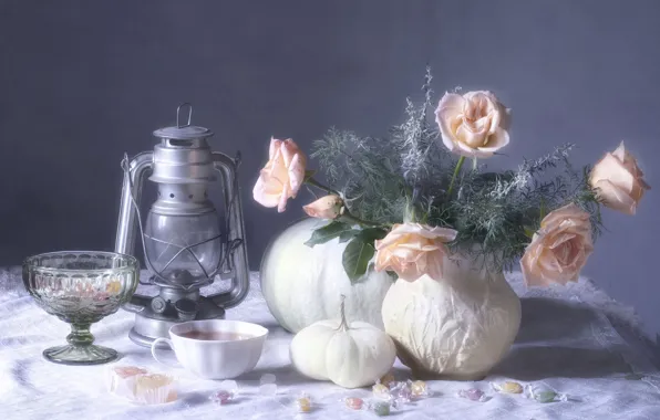 Flowers, roses, bouquet, candy, pumpkin, still life, vase, kerosene lamp