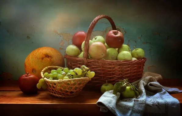 Table, apples, towel, grapes, fruit, still life, basket, melon