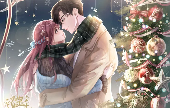 Girl, snow, tree, Christmas, guy, hugs