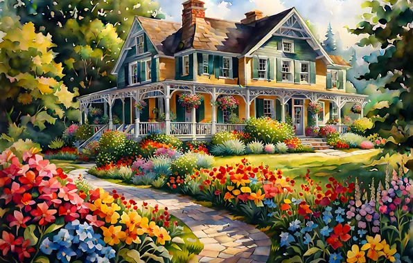 Summer, landscape, flowers, nature, comfort, house, garden, track