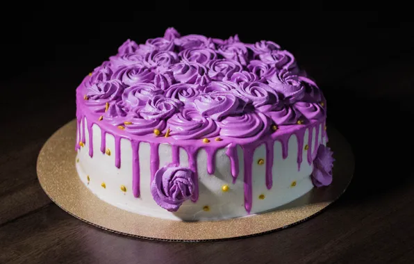 The dark background, lilac, stains, cake, cream, roses, design