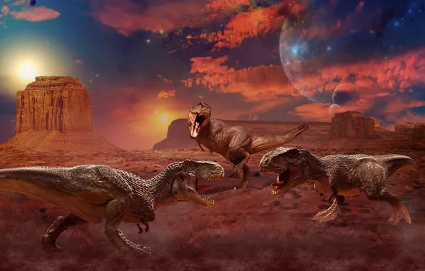 Picture the sky, space, clouds, mountains, rocks, dinosaurs, tyrannosaurus, rex