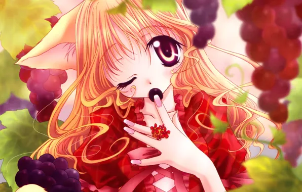 Girl, fox, anime, grape, fruit, japanese, bishojo, vine