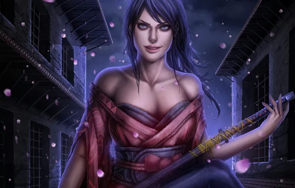 Girl, building, katana, petals
