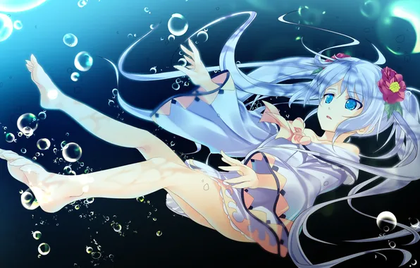 Picture Flowers, Girl, Bubbles, Dress, Under water, Game CG, Shin Shirogane no Soleil