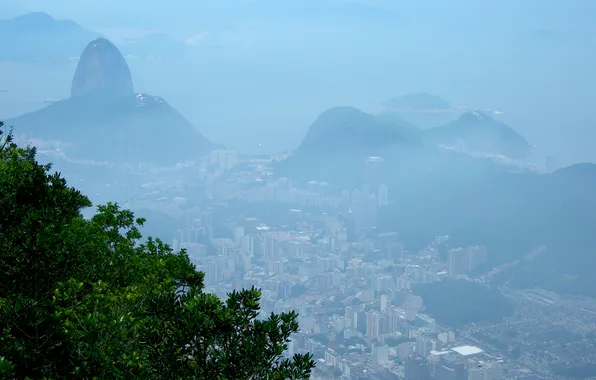 Greens, mountains, the city, view, height, haze, Rio de Janeiro, Corcovado
