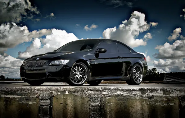 Picture the sky, clouds, trees, black, bmw, BMW, black, e92