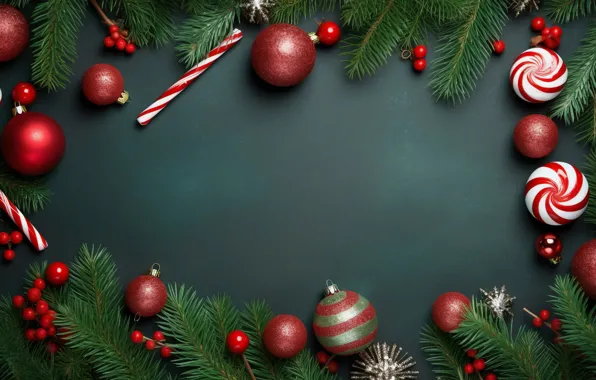 Balls, branches, Christmas, red, New year, needles, bumps, green background