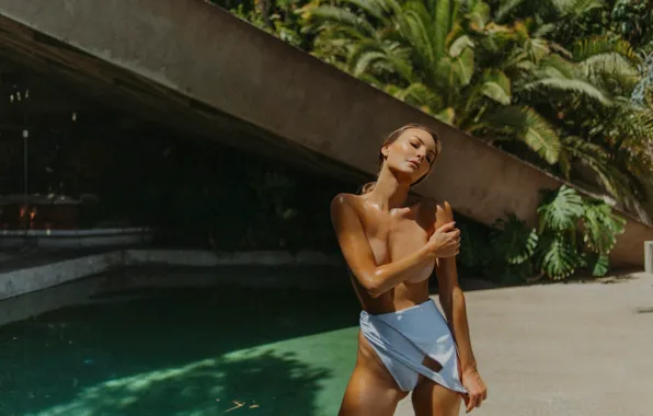 Wet, pool, blonde, naked, swimsuit, breasts, vagina, sweat