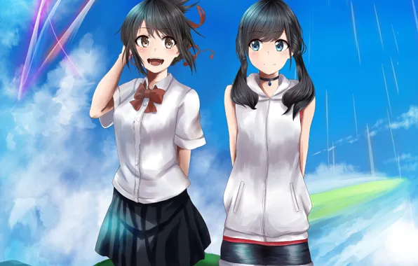 The sky, clouds, girls, comet, Your Name, Kimi No VA On