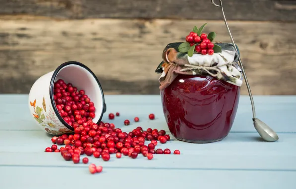 Berries, Board, mug, Bank, placer, a lot, jam, ladle