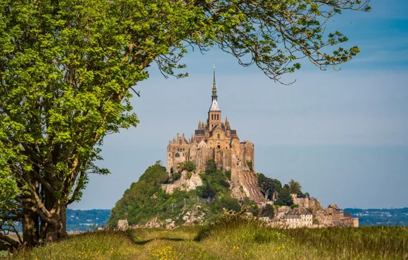 Trees, rock, France, fortress, France, Normandy, Normandy, Mont-Saint-Michel
