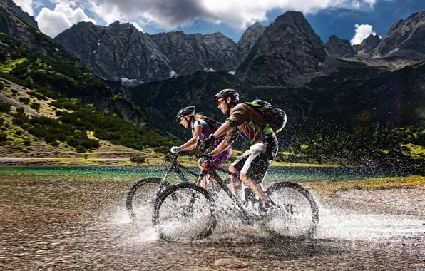 Mountains, nature, woman, Alps, male, cyclists, tourists