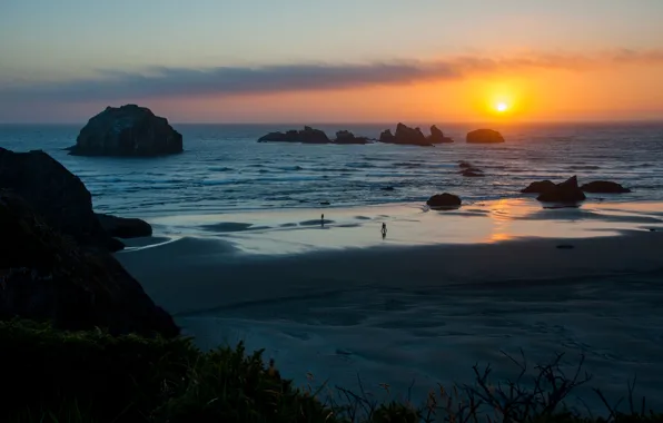 Sea, the sky, sunset, rocks, shore, people
