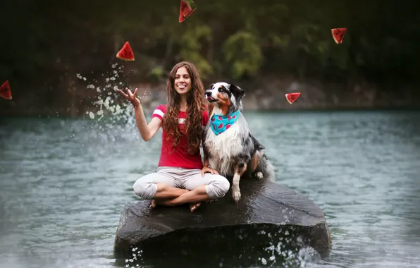 Picture girl, river, dog, watermelon