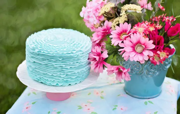 Picture flowers, table, bucket, cake