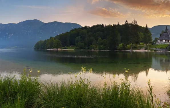 Mountains, bridge, river, home, morning