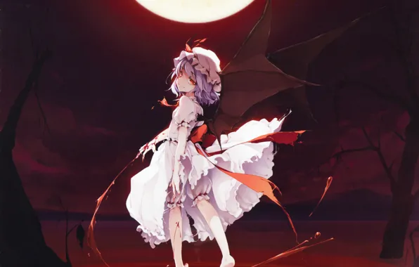 Picture night, the full moon, red eyes, vampire, black wings, Touhou Project, Remilia Scarlet, black magic