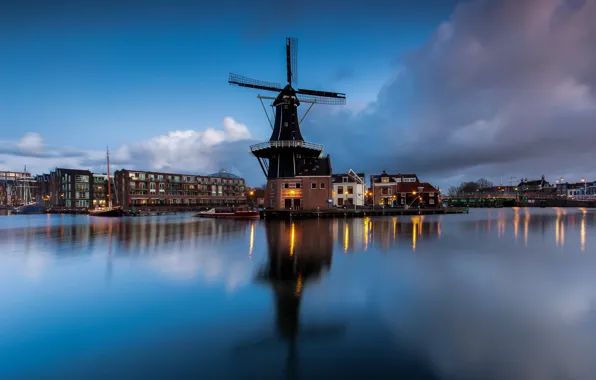 The evening, mill, Netherlands, Haarlem, Papentorenvest