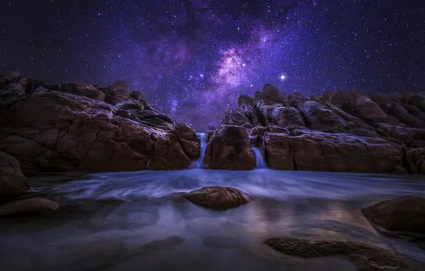 Picture the sky, stars, night, nature, stones, the ocean, rocks, the milky way