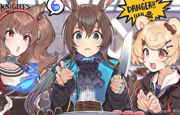 Girls, chocolate, candy, knife, Angelina, trio, macaroon, Arknights