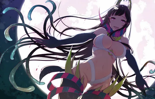 Picture girl, sexy, cleavage, thighhighs, horns, long hair, boobs, anime
