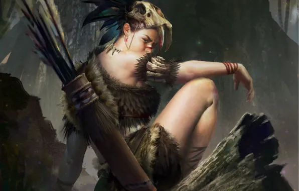 Picture forest, look, girl, trees, nature, weapons, feathers, bow