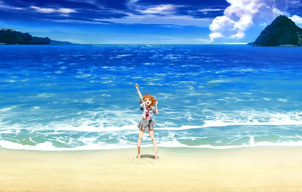 Sea, beach, the sky, water, girl, clouds, joy, anime