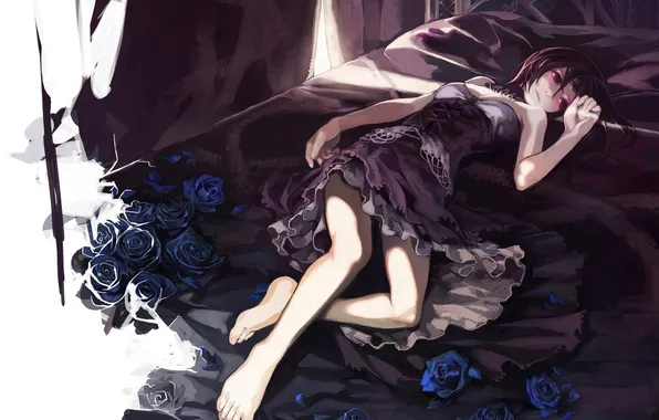 Girl, flowers, bed, roses, anime, petals, art, omegaboost
