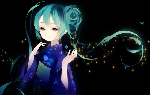 Girl, art, kimono, flowers, vocaloid, hatsune miku, Vocaloid, puti devil