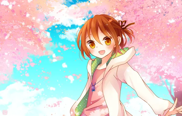 Picture the sky, girl, clouds, trees, anime, petals, Sakura, art