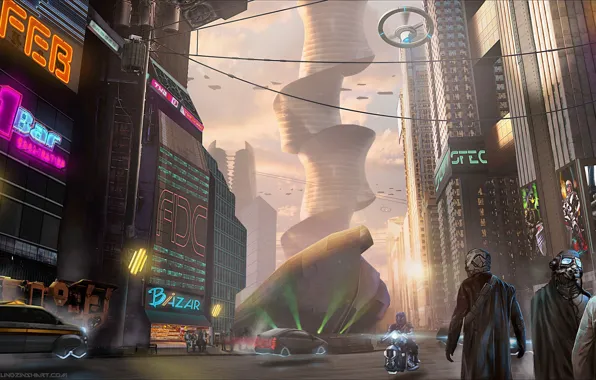 The city, transport, street, construction, Cyberpunk downtown