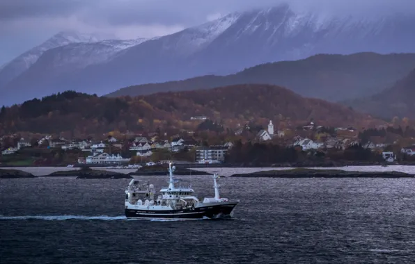 Storm, sea, ocean, mountains, clouds, village, ship, bay