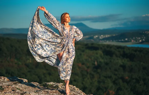 Girl, pose, mood, rocks, view, dress, Gregory Levin