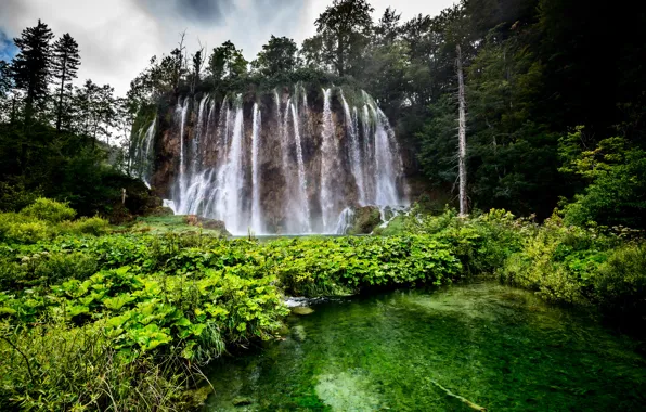 Forest, trees, rock, lake, waterfall, Croatia, Plitvice Lakes National Park