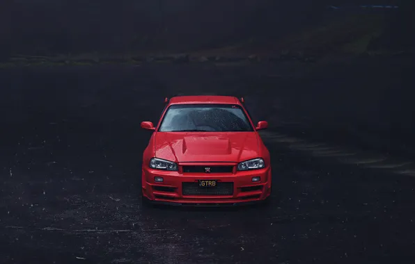 Picture red, road, rain, skyline, r34, asphalt, Nissan GTR, Nissan GTR R34